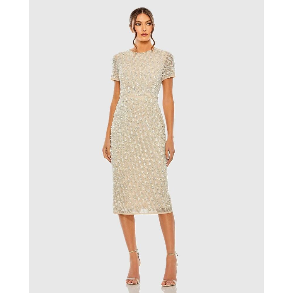 Mac Duggal 93893 Beige High Neck Short Sleeve Embellished Midi Sheath Dress Sz 6
